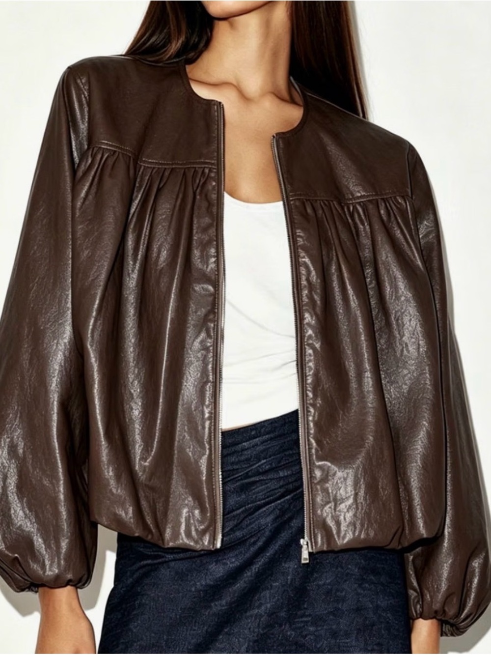 Women’s Brown Faux Leather Zip-Front Jacket NWOT